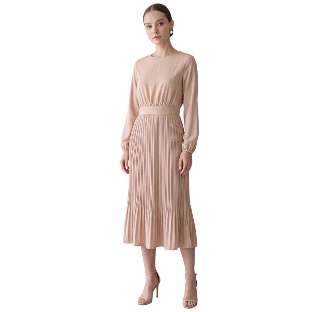 Women's Lantern Sleeve Pleated A-Line Flowy Midi Dress Beige